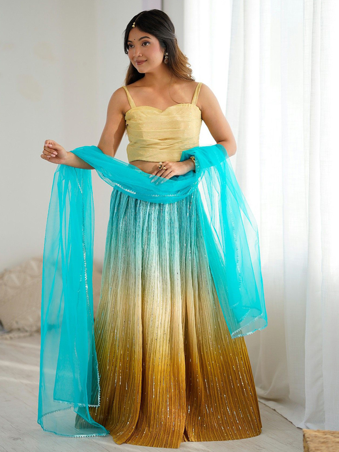 GLOSIA DESIGN Sequins Embellished Tie & Dye Silk Blend Lehenga & Blouse With Dupatta