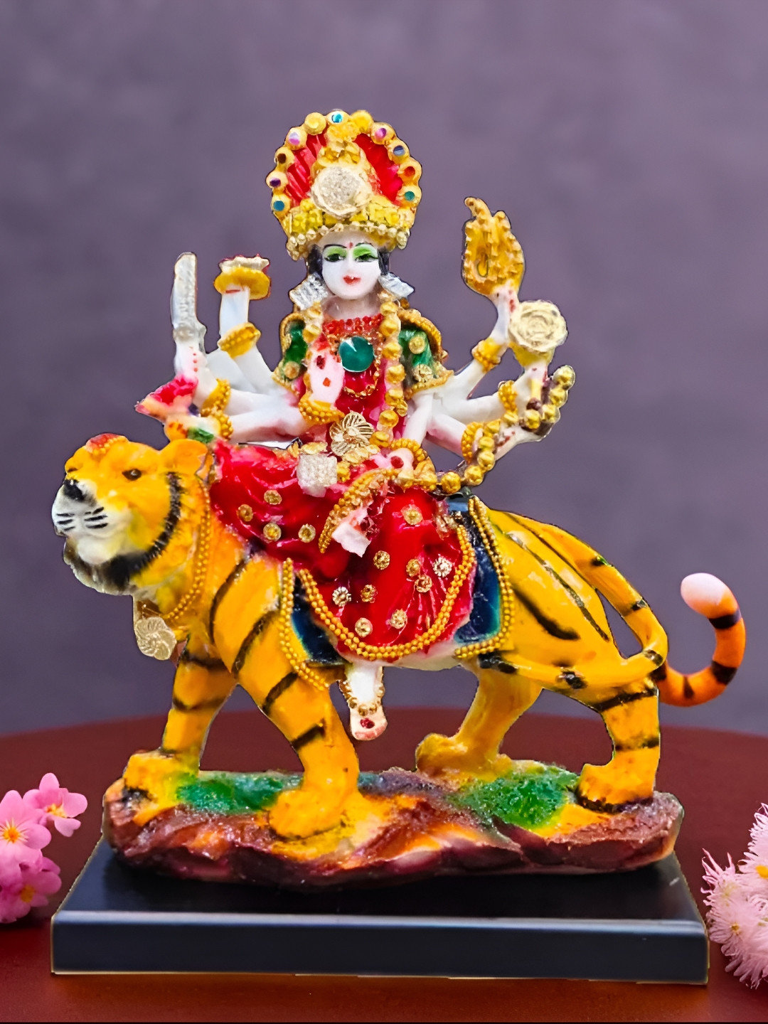 White Mango Decor Red & Yellow Goddess Sherawali Mata Idol Showpiece