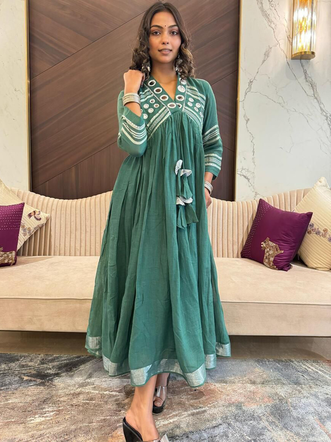 NEE DESIGNSS Women Striped Mirror Work Linen Empire Maxi Ethnic Dress