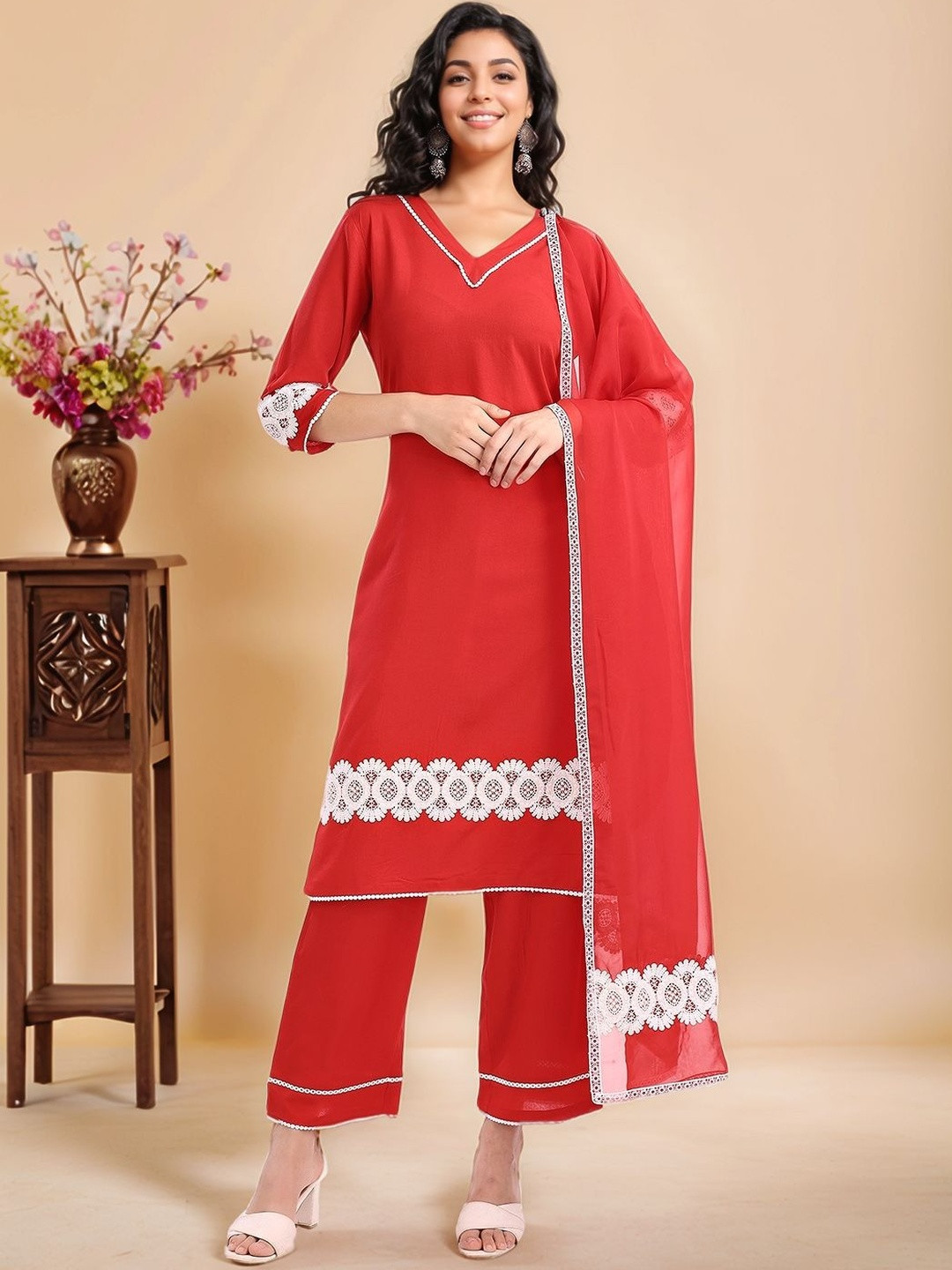 Anouk Yoke or Border V-Neck Straight Kurta With Trousers & Dupatta