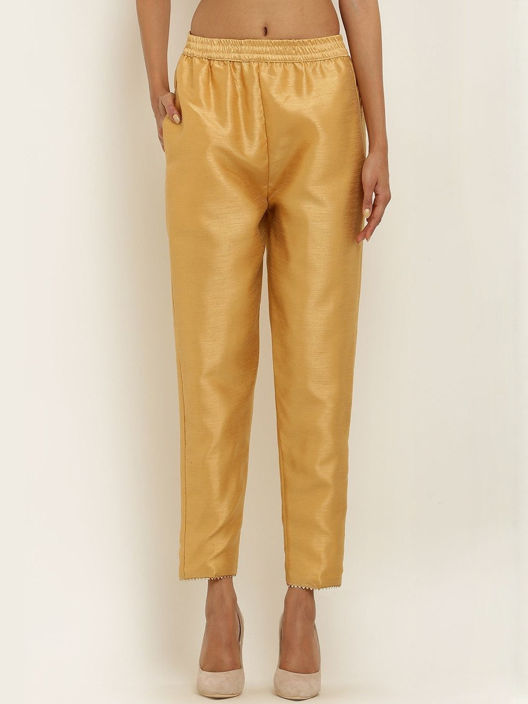 Moda Rapido Women Gold Poly Silk Solid Regular Trousers