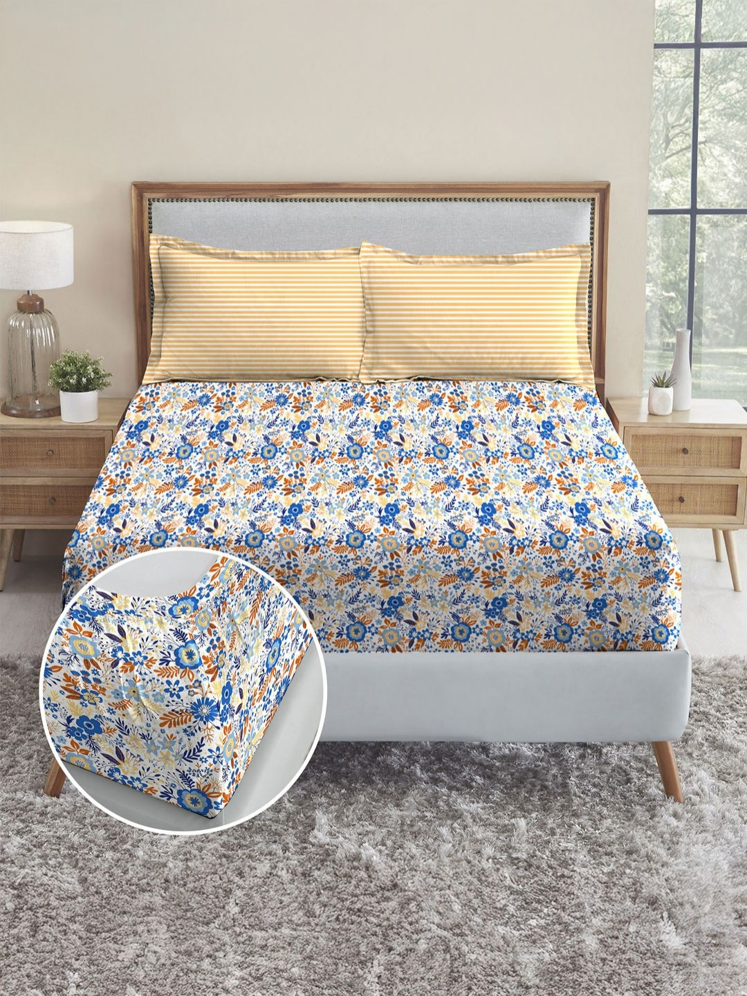 MYTRIDENT White & Blue Printed 144 TC King Bedsheet Set-2.4 m x 2.74 m