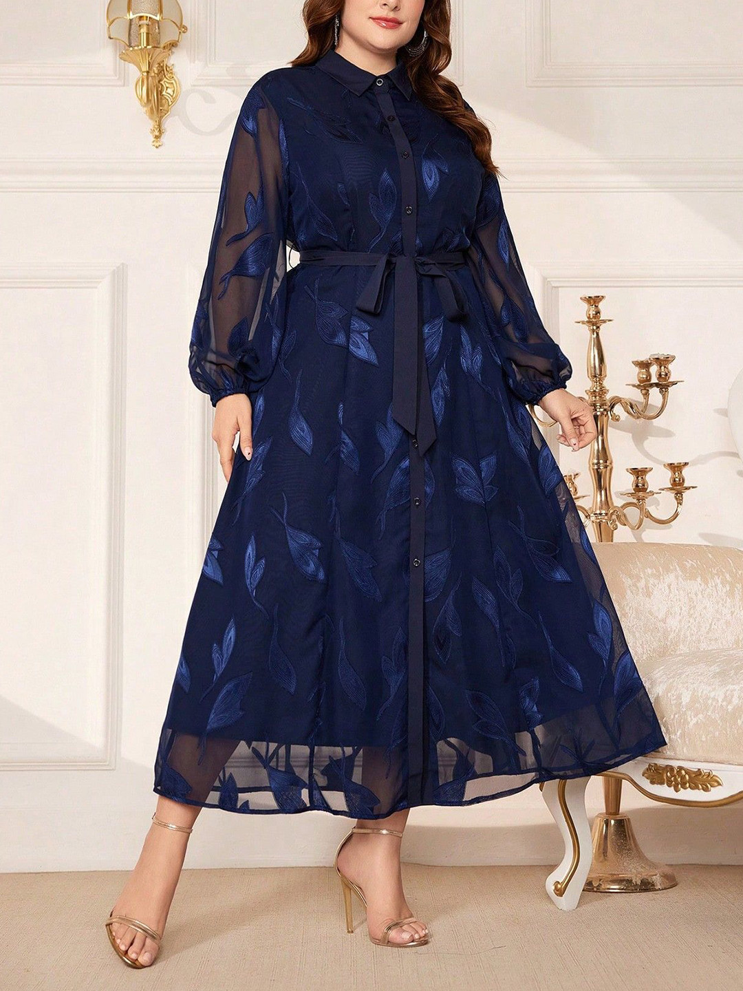 Plus size Floral Jaquard Shirt Maxi Dress