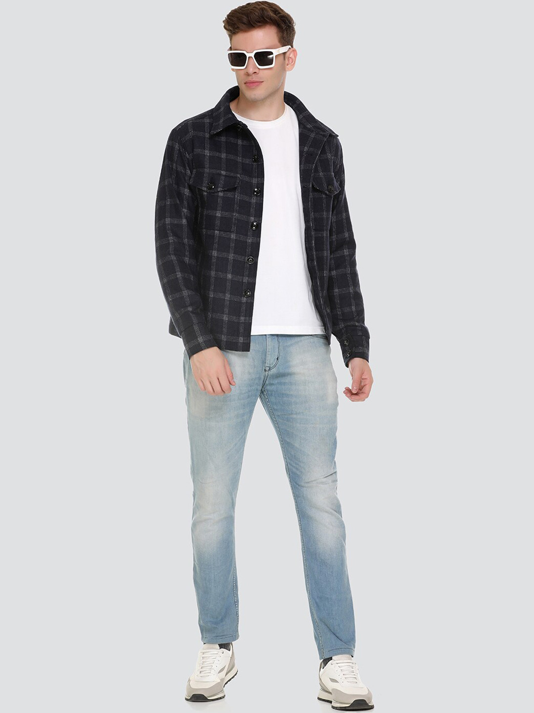 HONNETE Men Navy Blue Grey Checked Lightweight Open Front Jacket