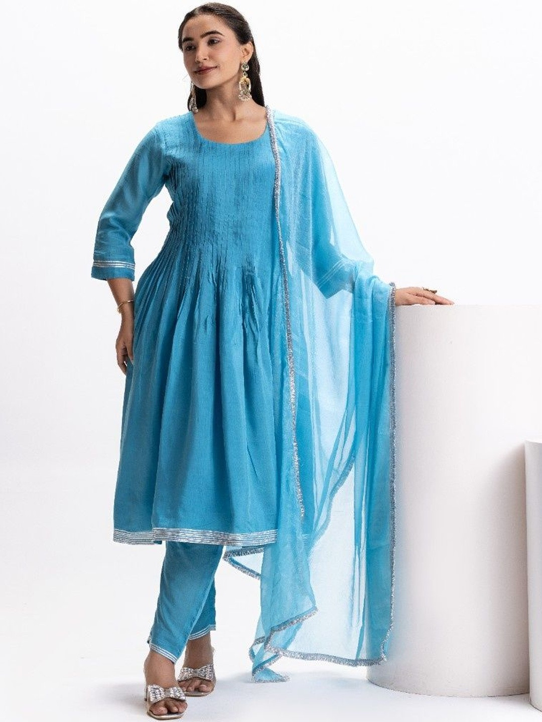EESHA GUPTA Panelled Anarkali Kurta With Churidar Trousers & Dupatta