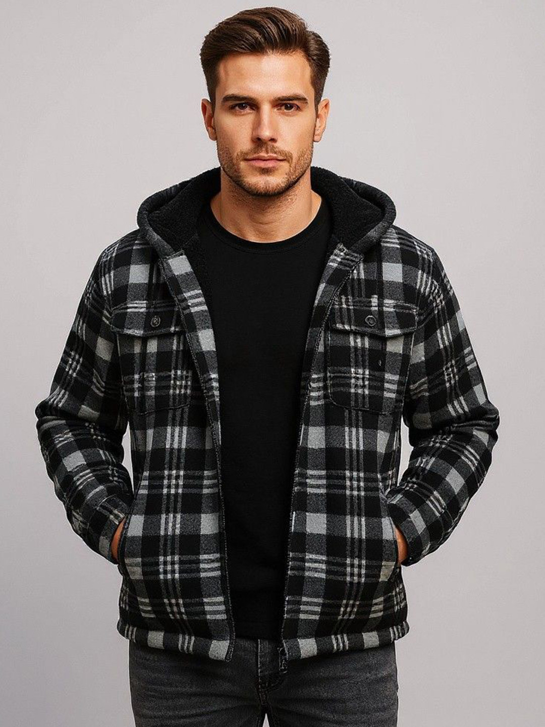 Mast & Harbour Men Hooded Checked Tailored Jacket