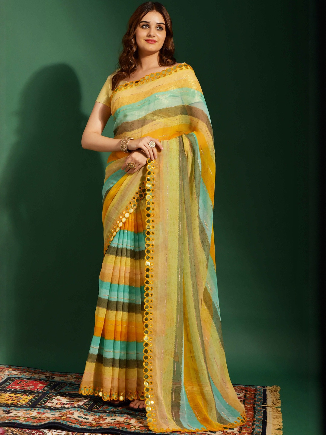 fashion field Women Striped Mirror Work Pure Chiffon Saree