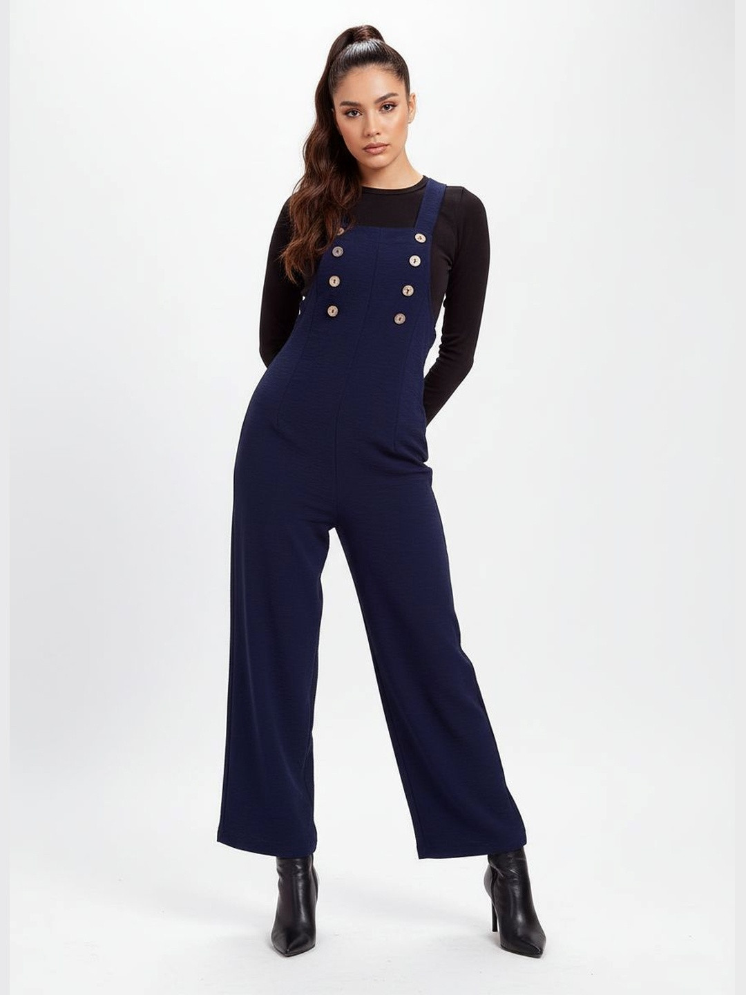DressBerry Crinkled Effect Shoulder Straps Jumpsuit with Mock Buttons