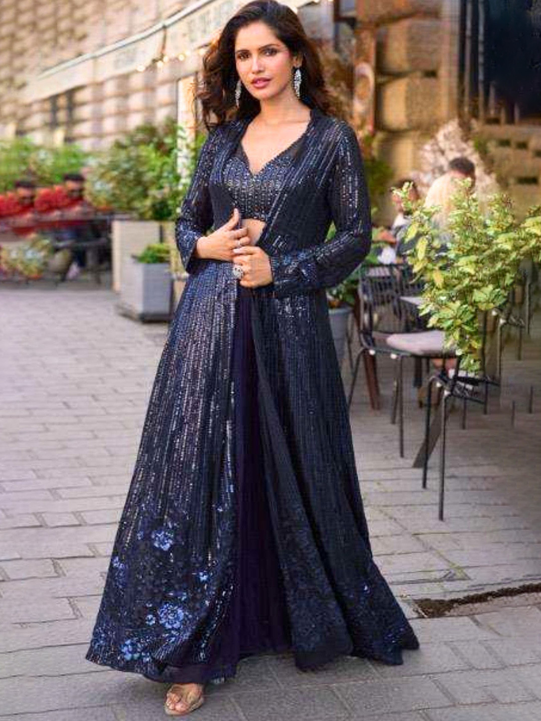 MYROR Festive Bling Women Embellished Sequinned Crop Top Sharara With Jacket Set