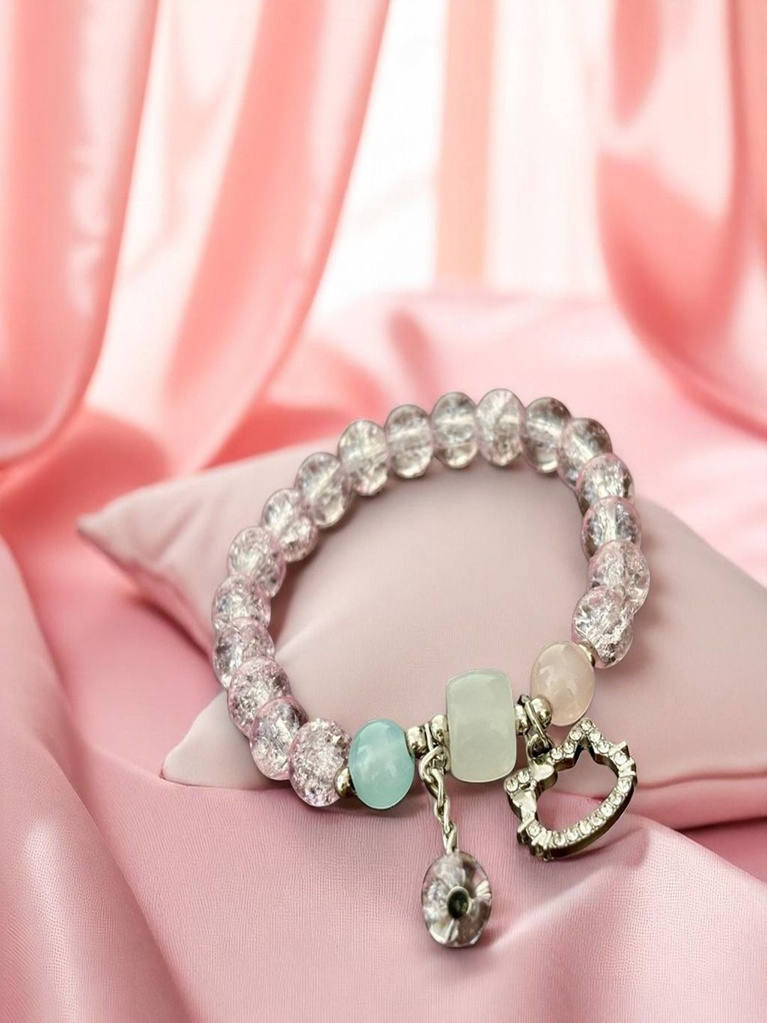 AccessHer Women Pink Beaded Cat Charm Handcrafted Pastel Accents Bracelet