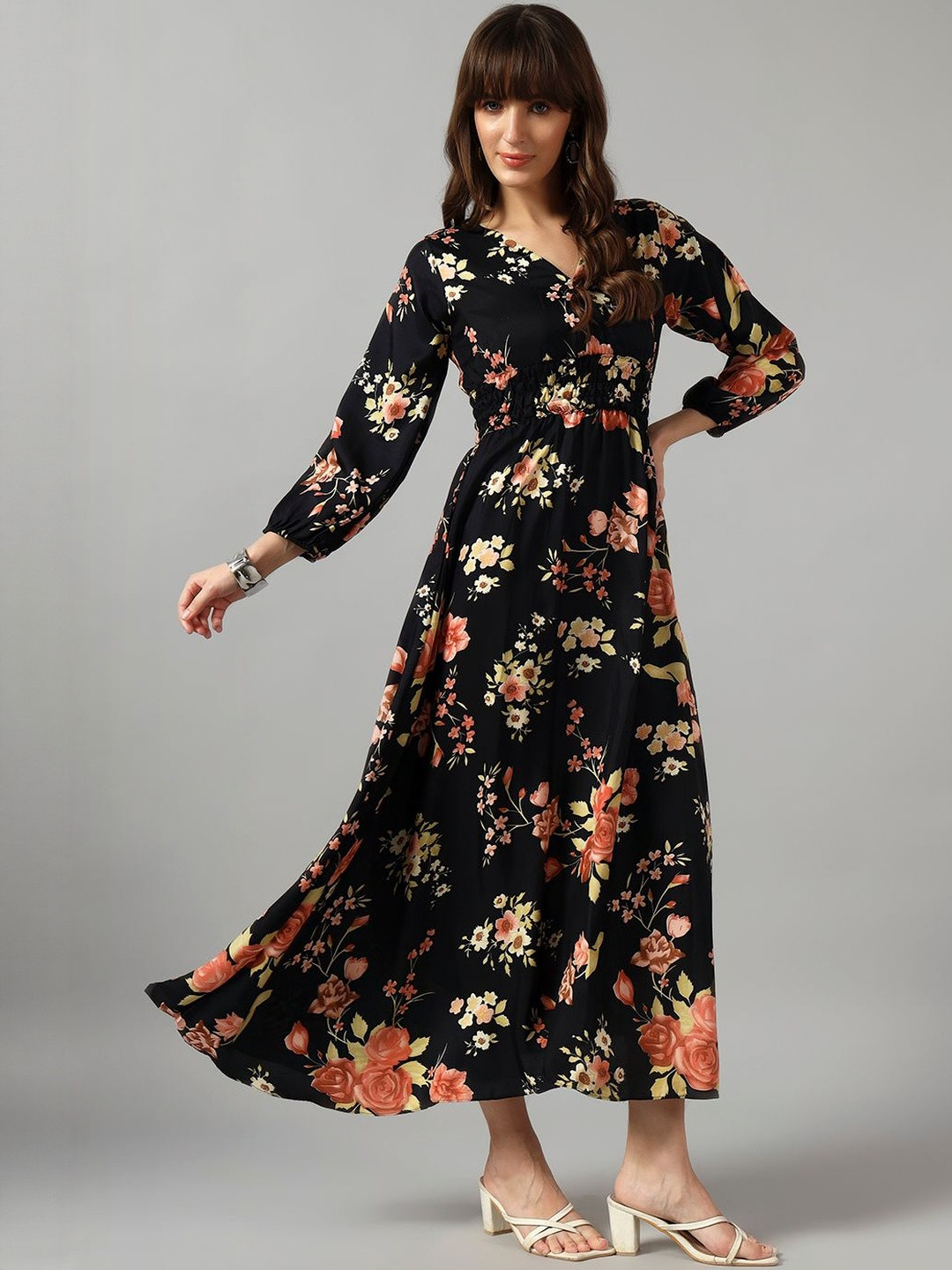 Jash Creation Women Printed V- Neck Tiered Long Dress Flared Maxi Kurti