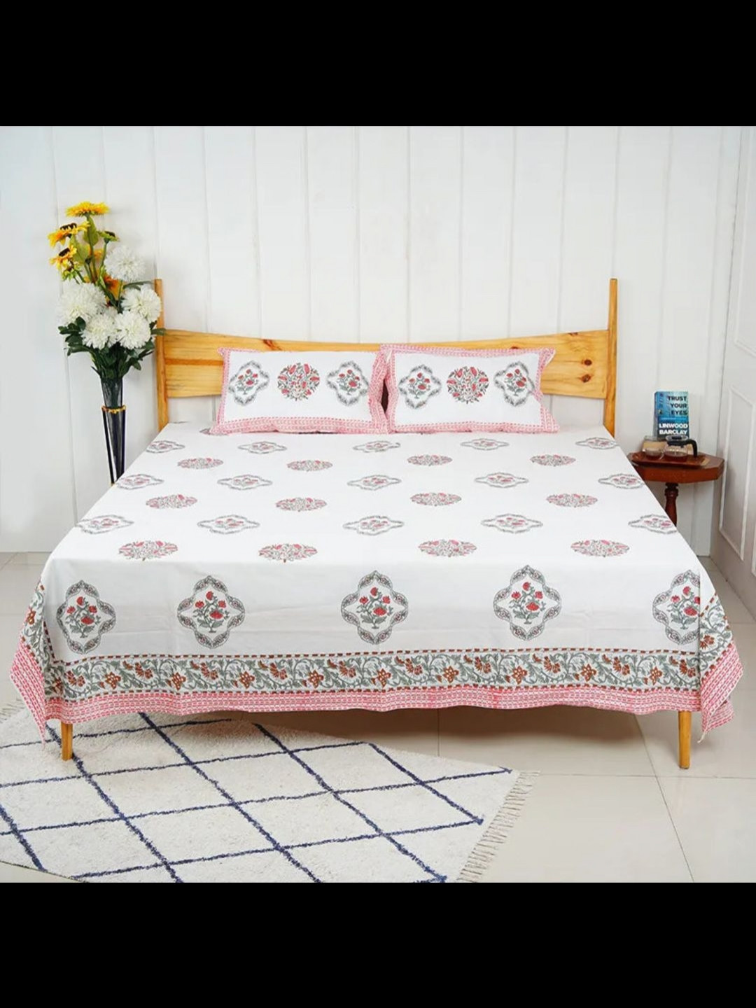 The Jaipur Wala White & Pink Printed Cotton 120 TC Single Bedsheet Set 2.28 m x 1.52 m