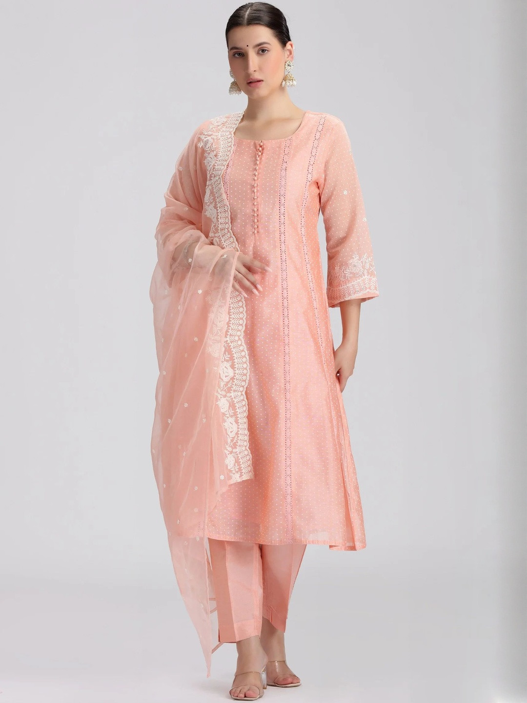 COTTON CULTURE Women Salmon Chanderi Embroidered A Line Kurta Pant and Dupatta Suit Set
