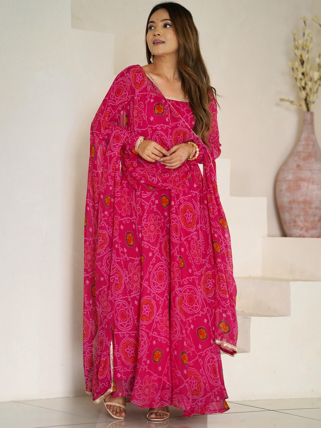 SAJAVAT ETHENIC WEAR Women Bandhani Printed Anarkali Kurta with Pyjamas & Dupatta