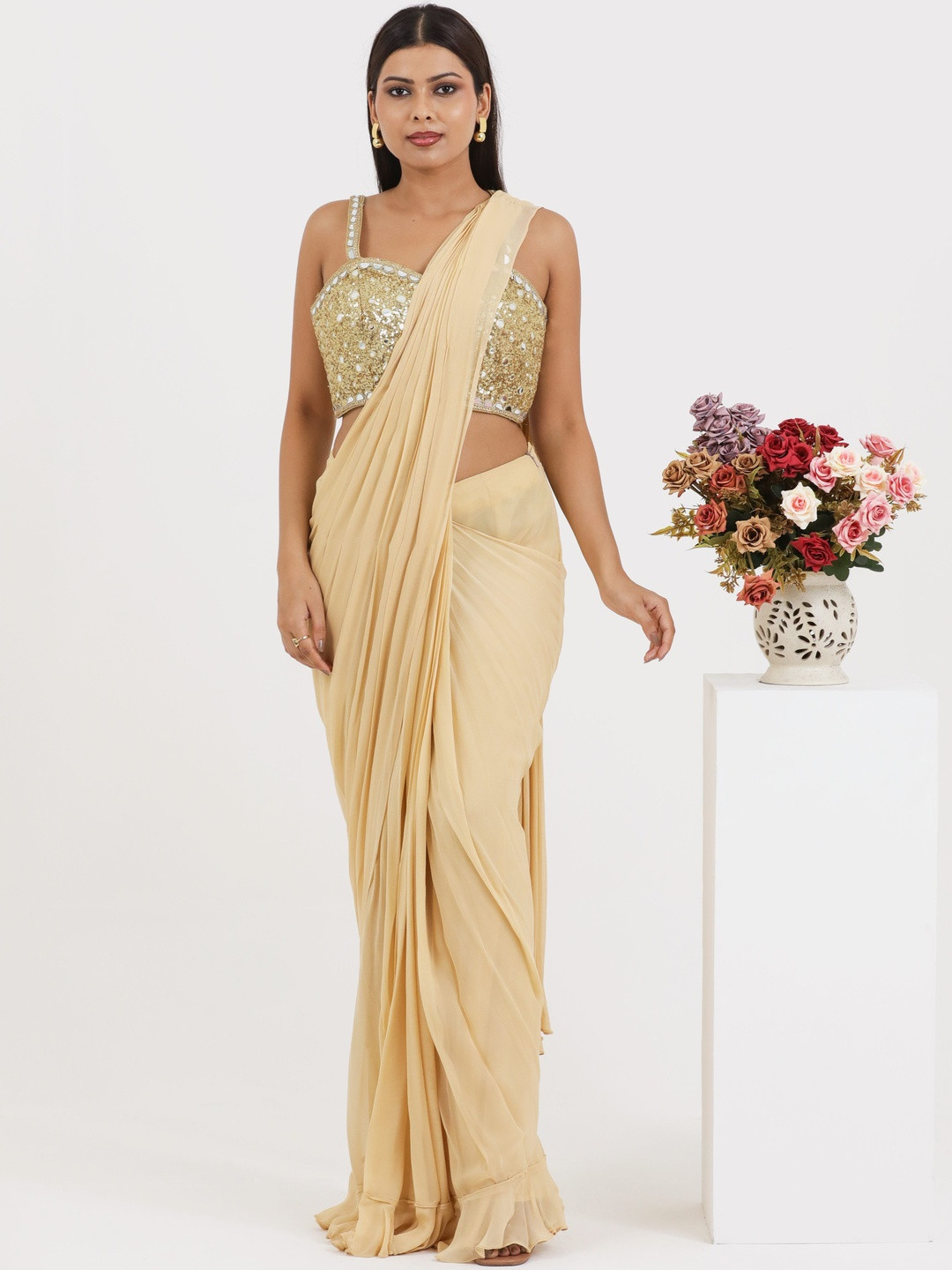 PUSHP PARIDHAN Solid Pure Georgette Ready to Wear Drape saree