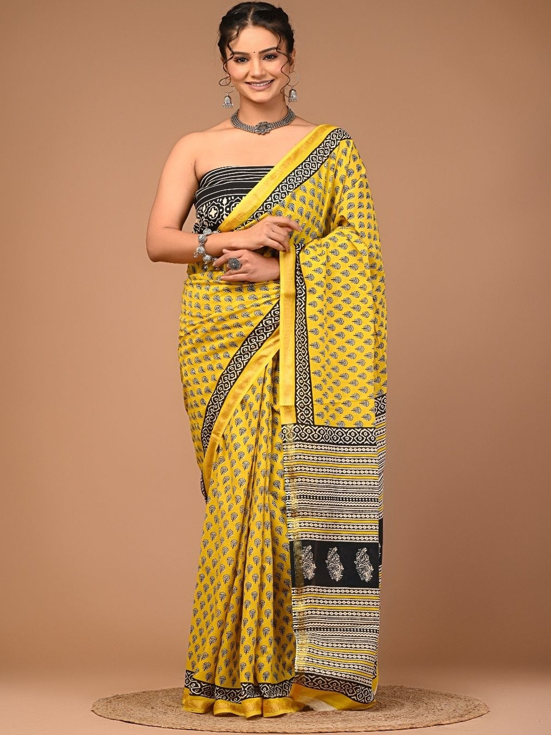 Moda Rapido Ethnic Motifs Printed Zari Pure Cotton Handloom Ikat Saree