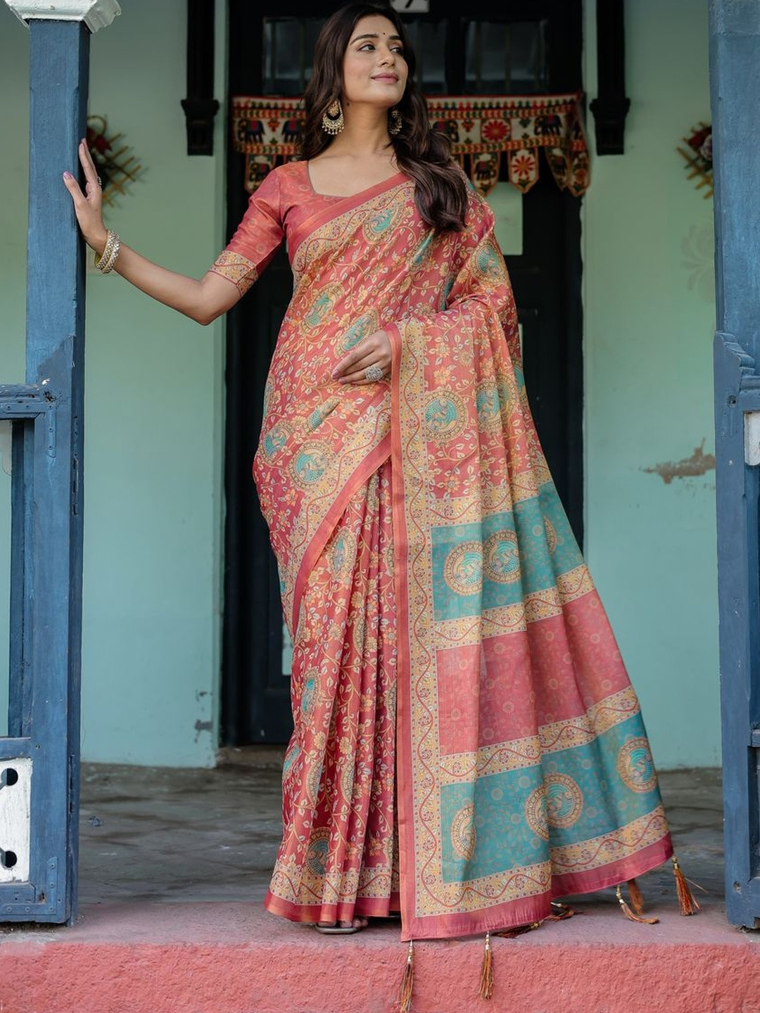 MAHARANI COUTURE Ethnic Printed Cotton Jamdani Saree With Tassels on Edges