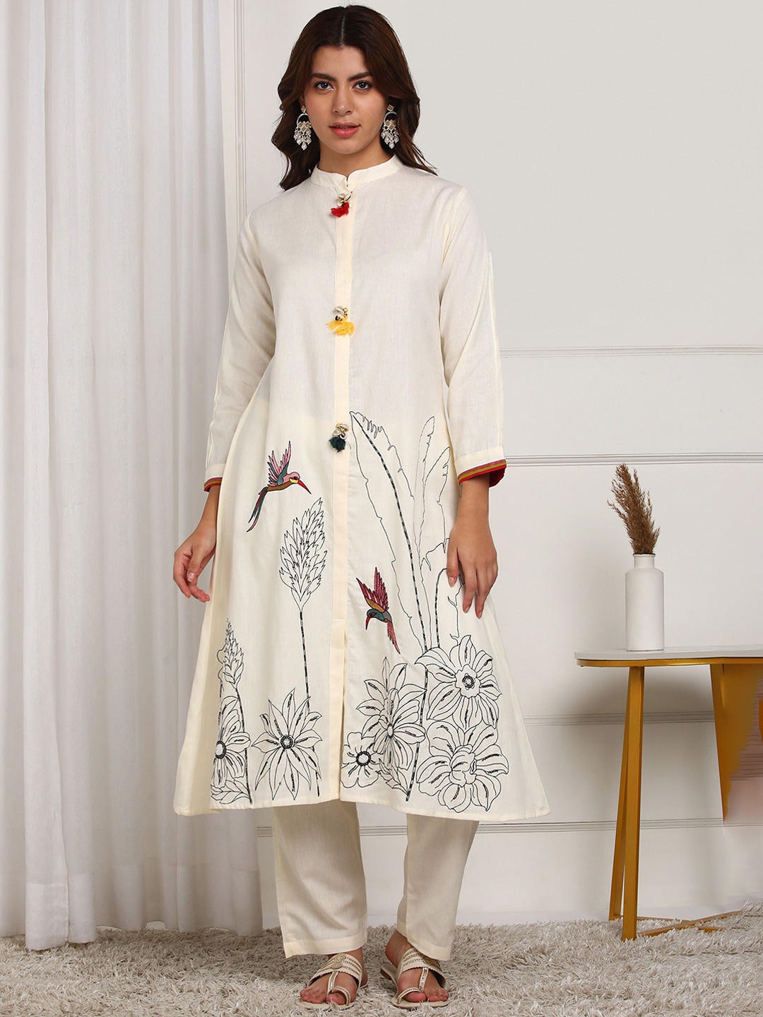 House of Pataudi Floral Printed Beads and Stones A Line Kurta with Trousers Set