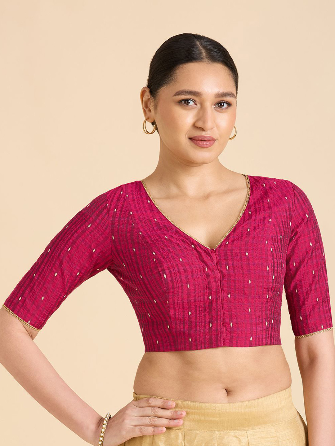 Studio Shringaar Woven Design V-Neck Readymade Cotton Silk Saree Blouse