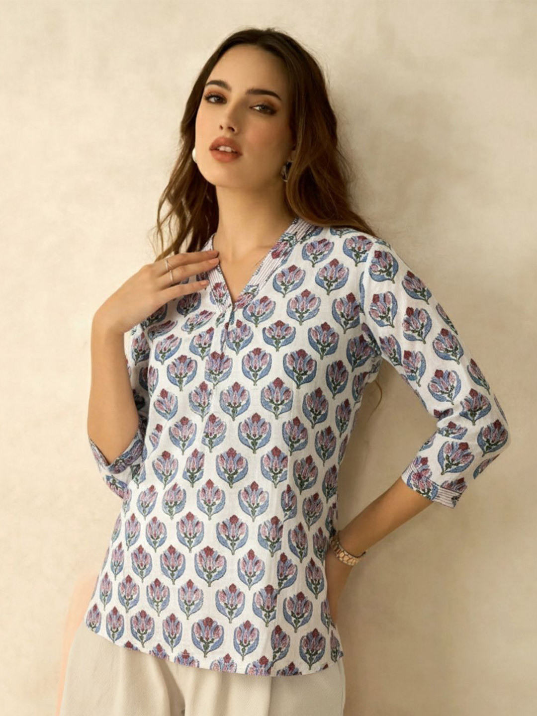 Eco Clothing Floral Printed Straight Pure Cotton Short Kurti