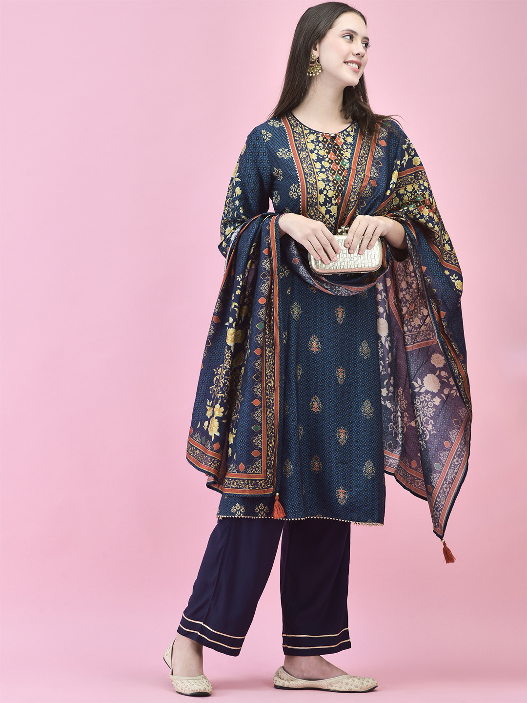 Shree Floral Printed Round Neck Gotta Patti Kurta With Trousers & Dupatta