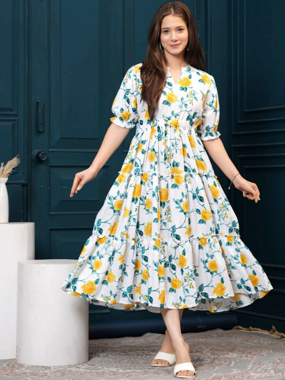 KHEJAL Floral Printed Puff Sleeve A-Line Cotton Midi Dress