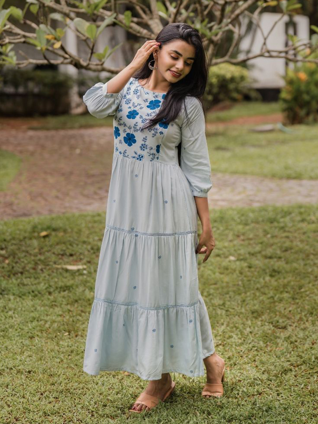HAY Women Floral Printed Gathered Tiered Boat Neck Puff Sleeves Fit and Flare Maxi Dress