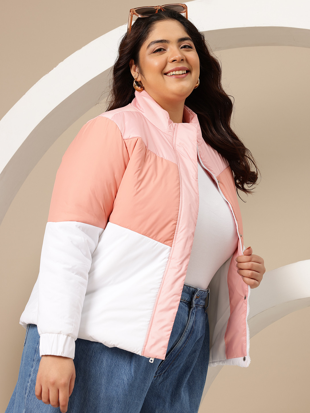 Sztori Plus Size Mock Collar Colorblocked Jacket