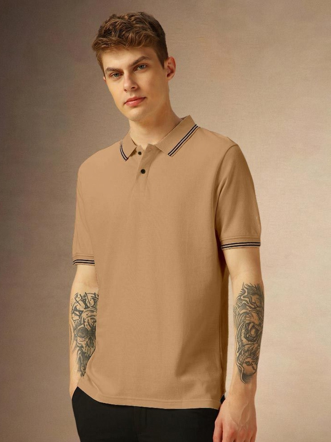 TIGER SNAKE Men Solid Polo Collar Cotton T-shirt