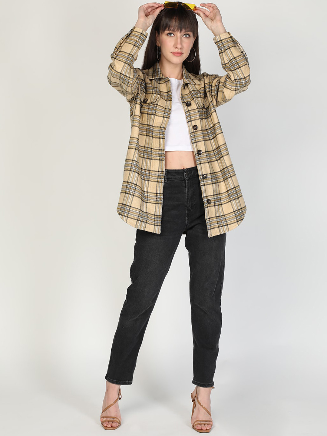 HONNETE Women Tartan Checks Casual Acrylic Shacket