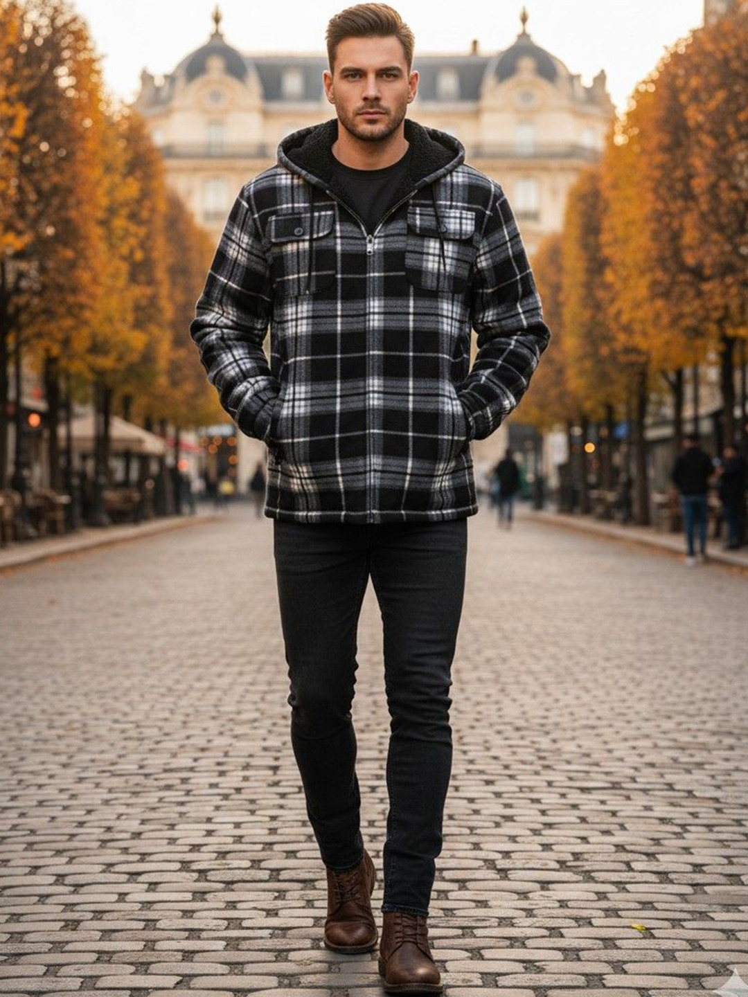 Mast & Harbour Checked Hooded Long Sleeves  Woollen Padded Jacket