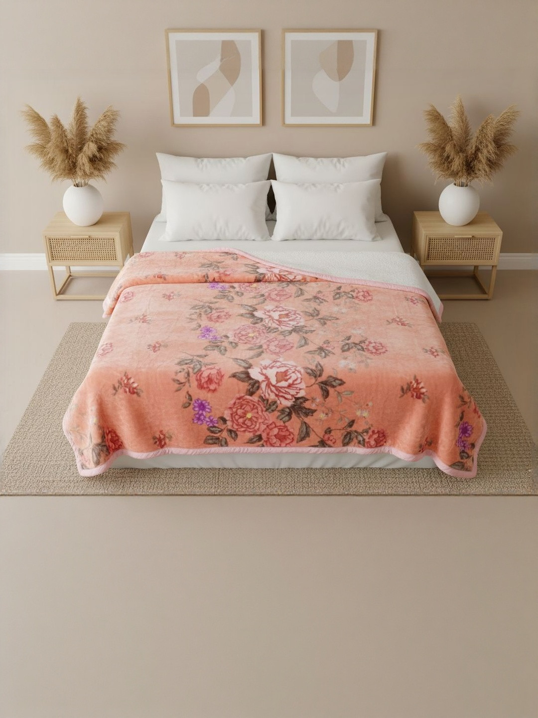 Signature Coral Red Floral Printed Polyester Mild Winter Blanket