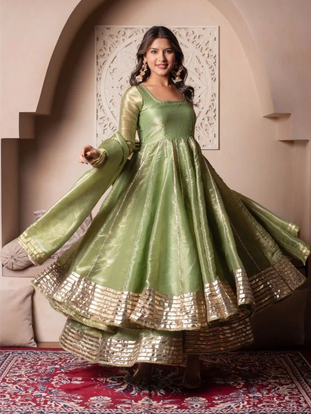 JAIMITI Panelled Square Neck Gotta Patti Pure Silk Anarkali Kurta With Palazzos & Dupatta