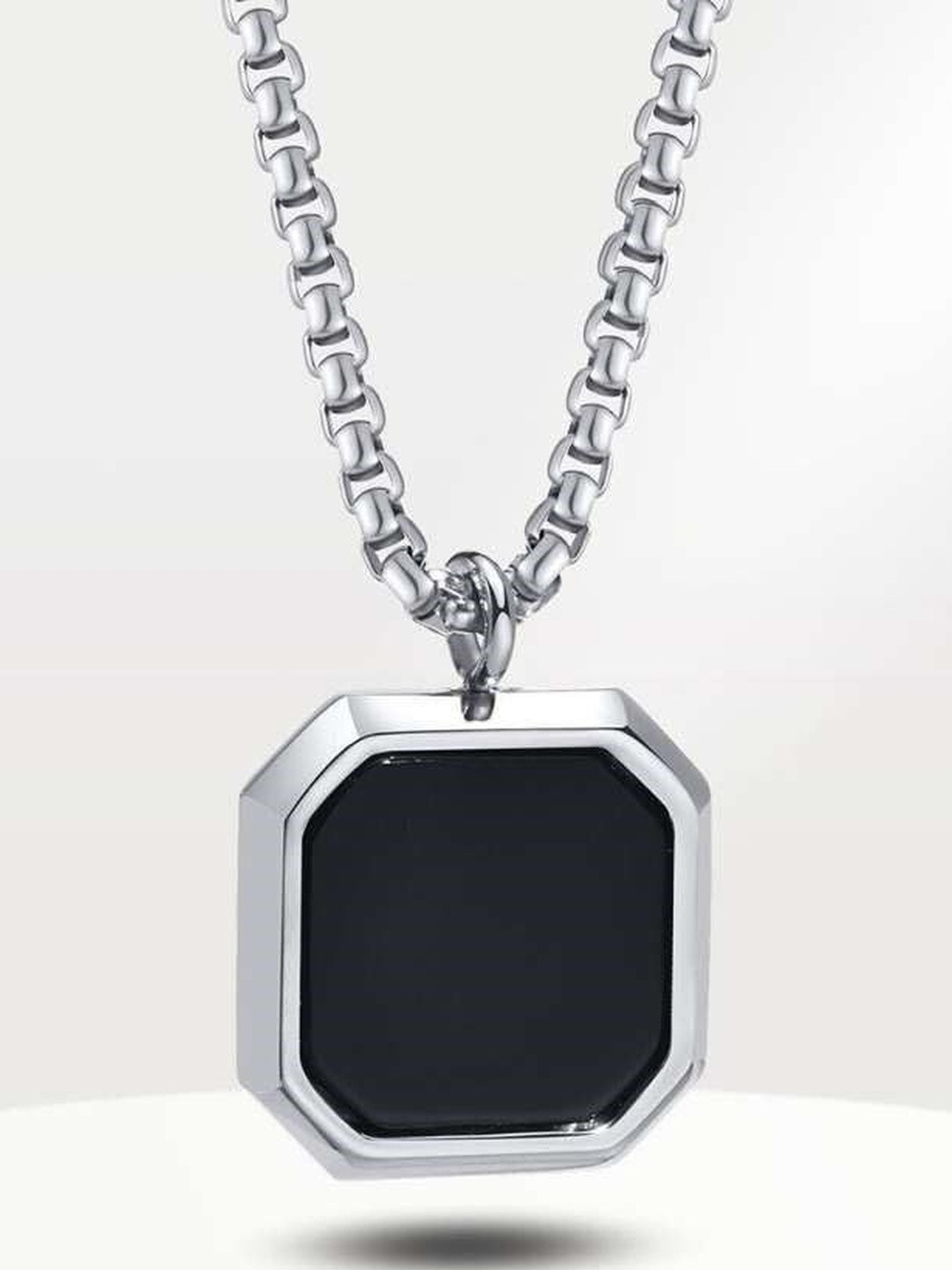 TULIPMASH Adult Black Onyx Octagon Inlay Square Pendant With Chain