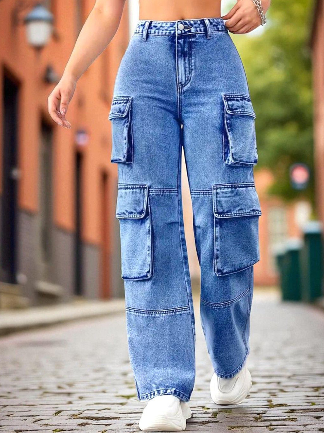 Crazeis Women Comfort High-Rise  Stretchable Wide Leg Jeans Cargo Styles Jeans