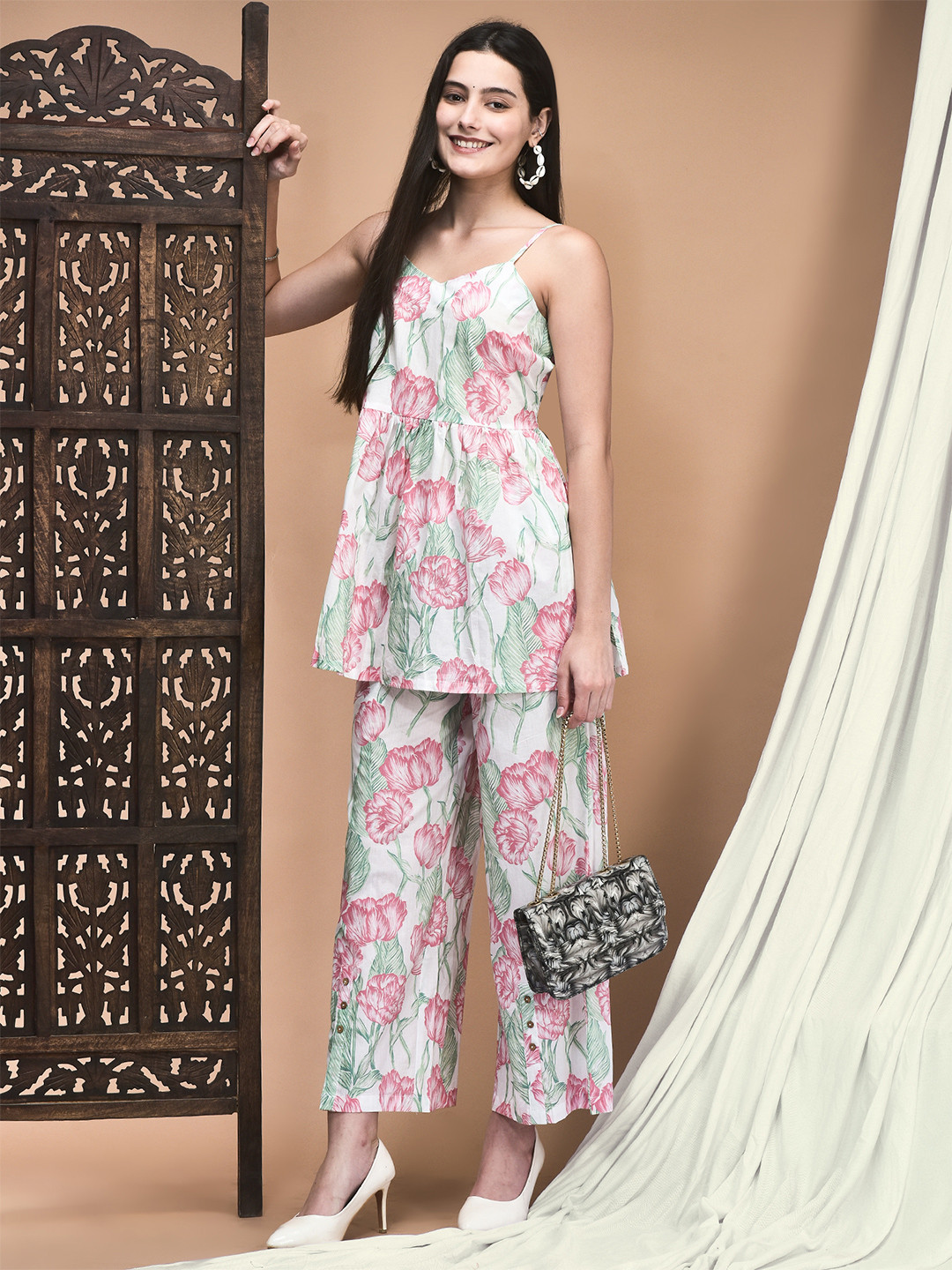 Shree Floral Printed Pure Cotton Shoulder Straps Neck Tunic With Trousers Co-Ords