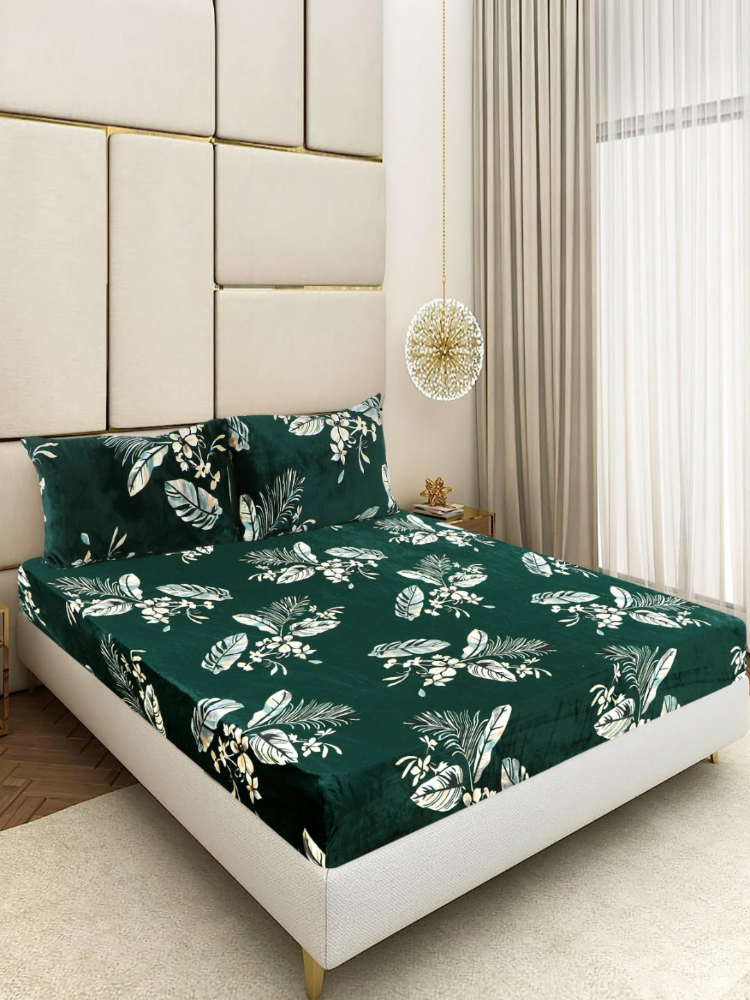 BLUEDOT Dark Green 300 TC Woolen King Size Fitted Double Bedsheet & 2 Pillow Covers