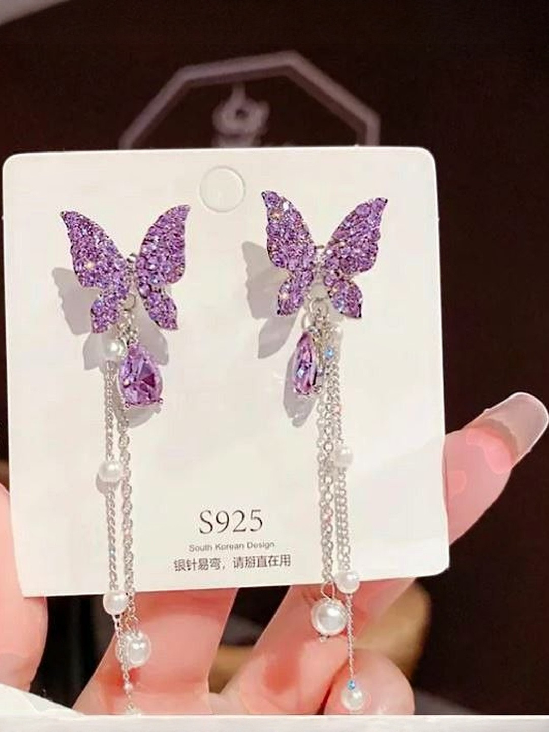 KATY Women Alloy Butterfly with Long Chain Rhinestone Drop Earrings