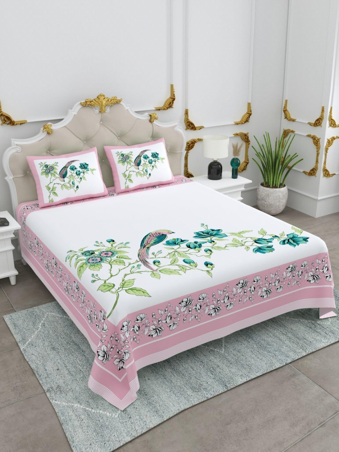 Serene Decor White & Pink Floral 210 TC Flat Bedsheet Set - 108x108 cm