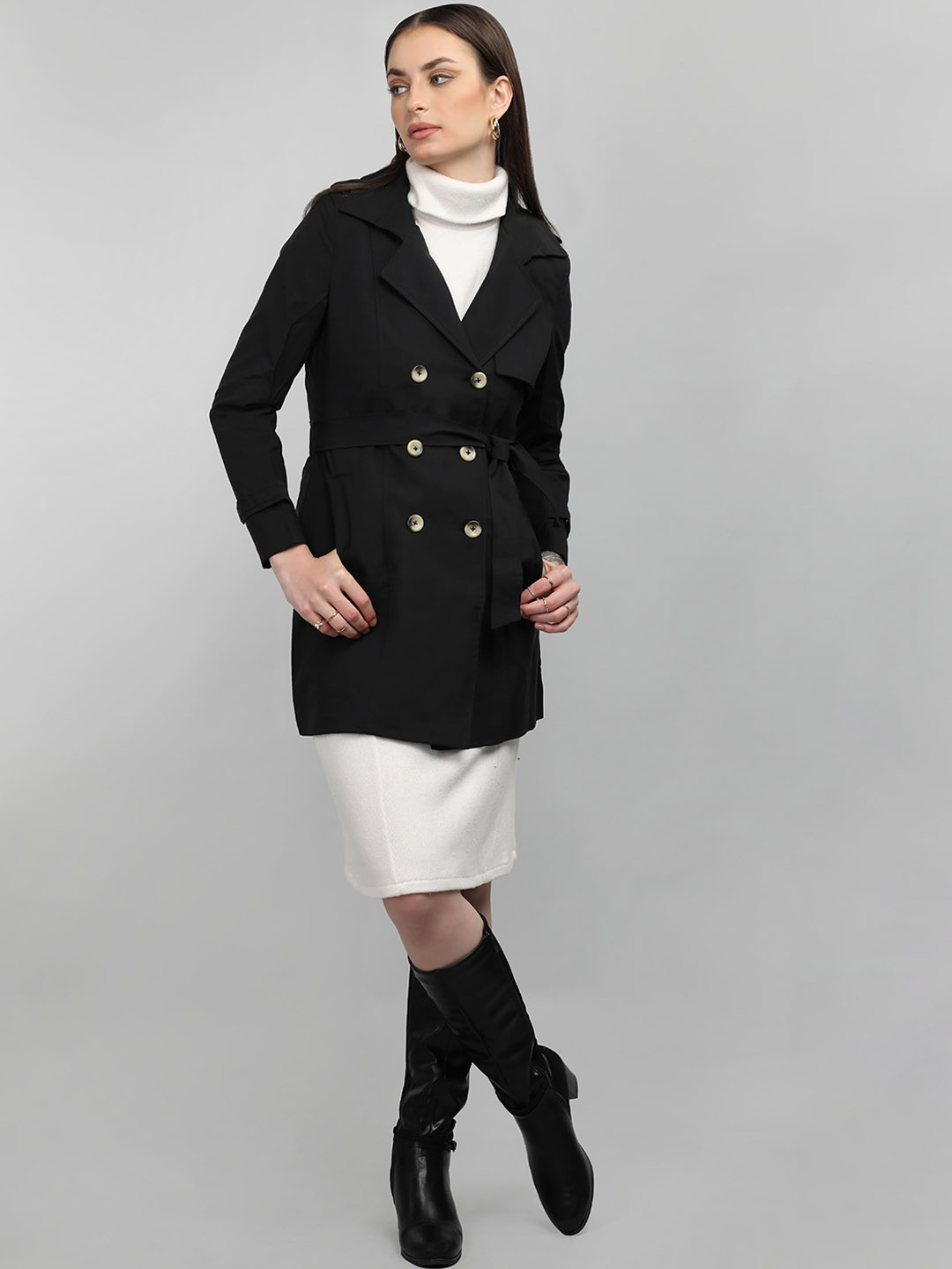 HONNETE Double-Breasted Notched Lapel Coat