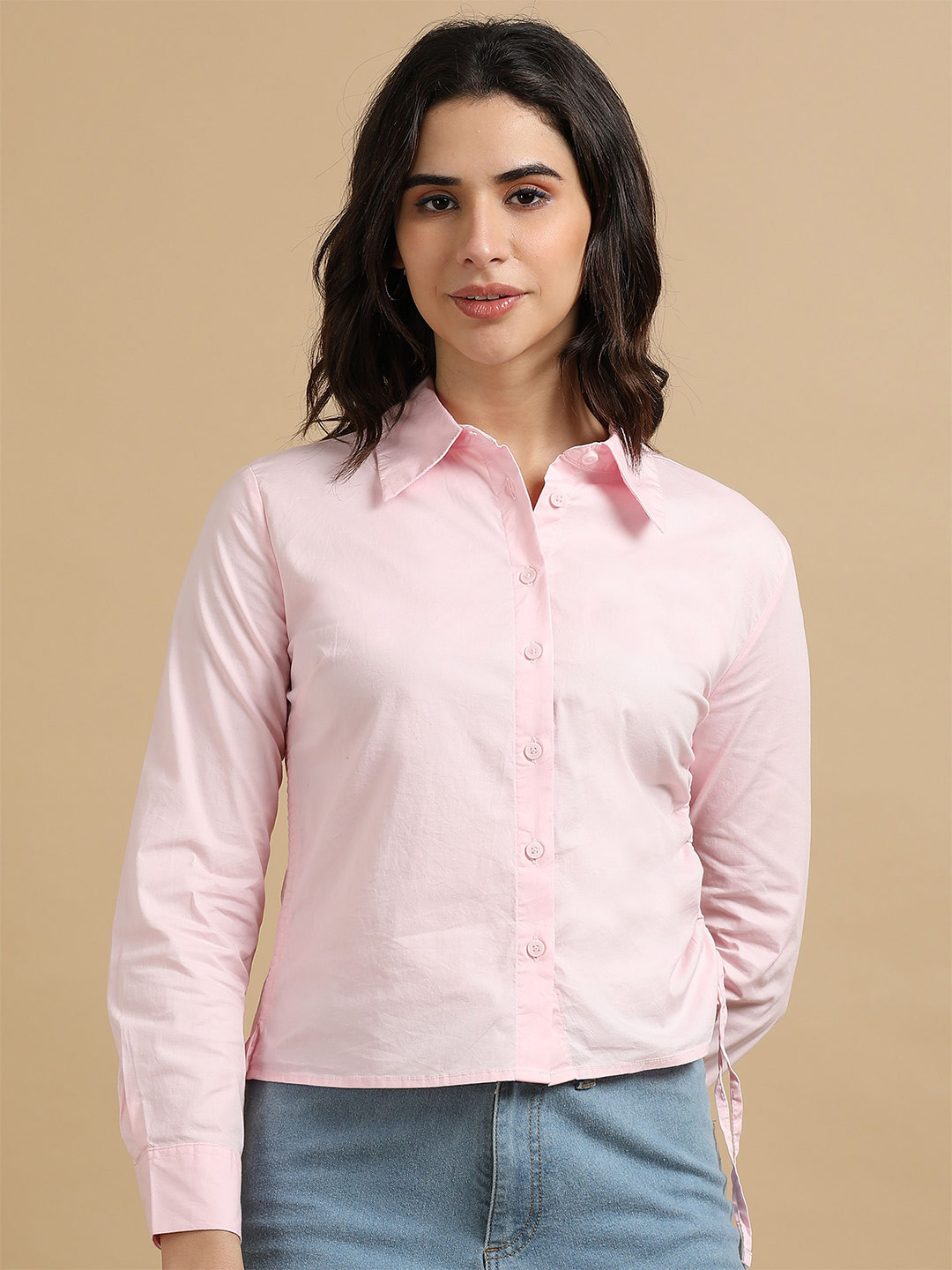 GLAM & CHIQUE Women's Cropped Fitted Shirt with Adjustable Side Drawstring