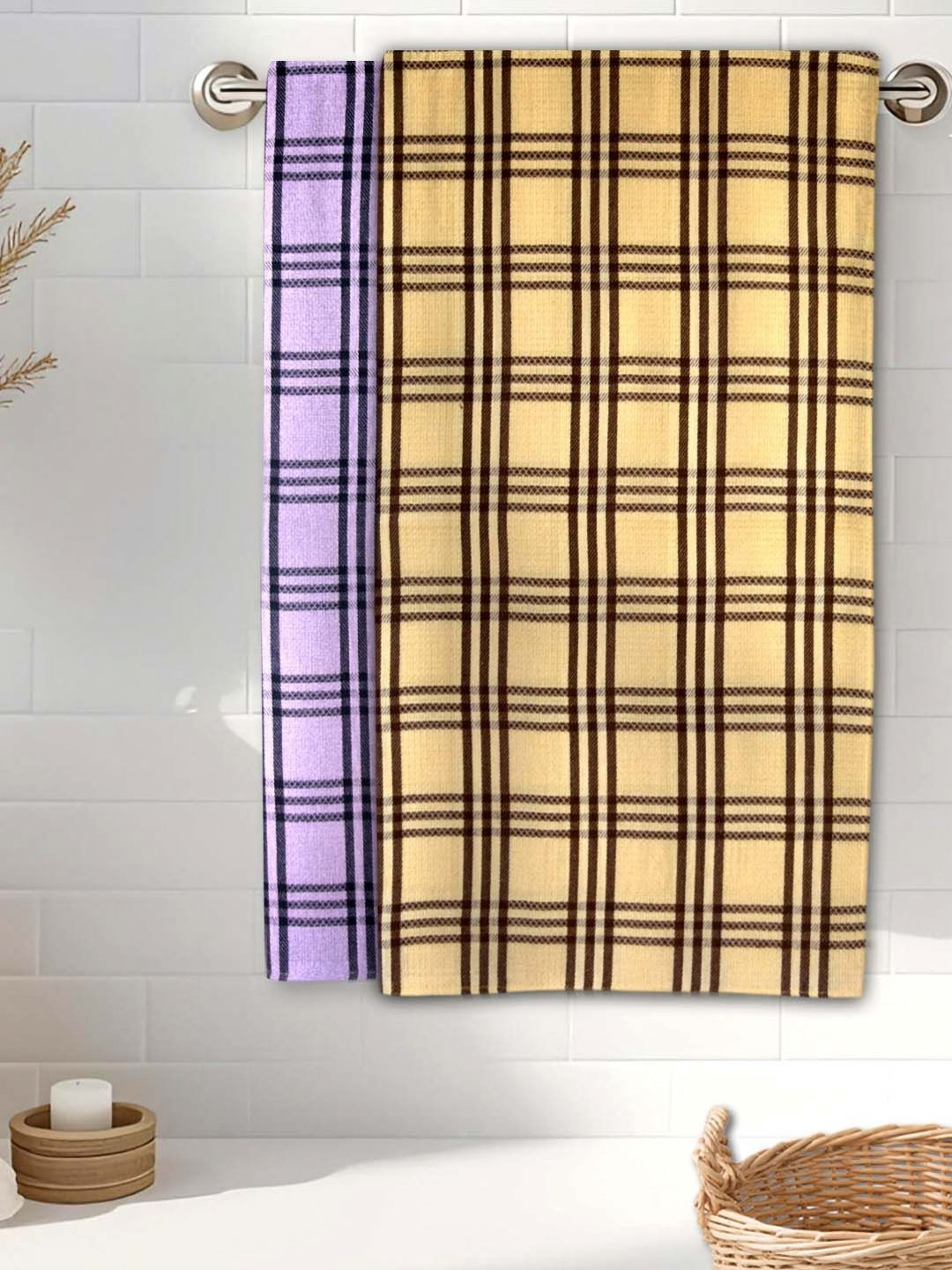 Athom Living Yellow & Purple 2 Pieces Striped Cotton Ultra Absorbent 210 GSM Bath Towels