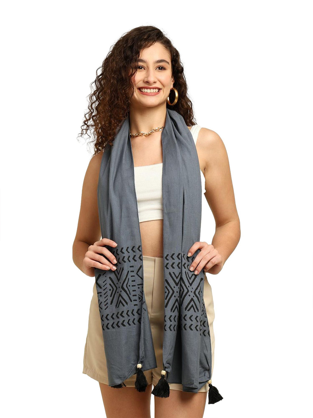 GALE GIRLS Women Printed Cotton Scarf With Tasselled Border