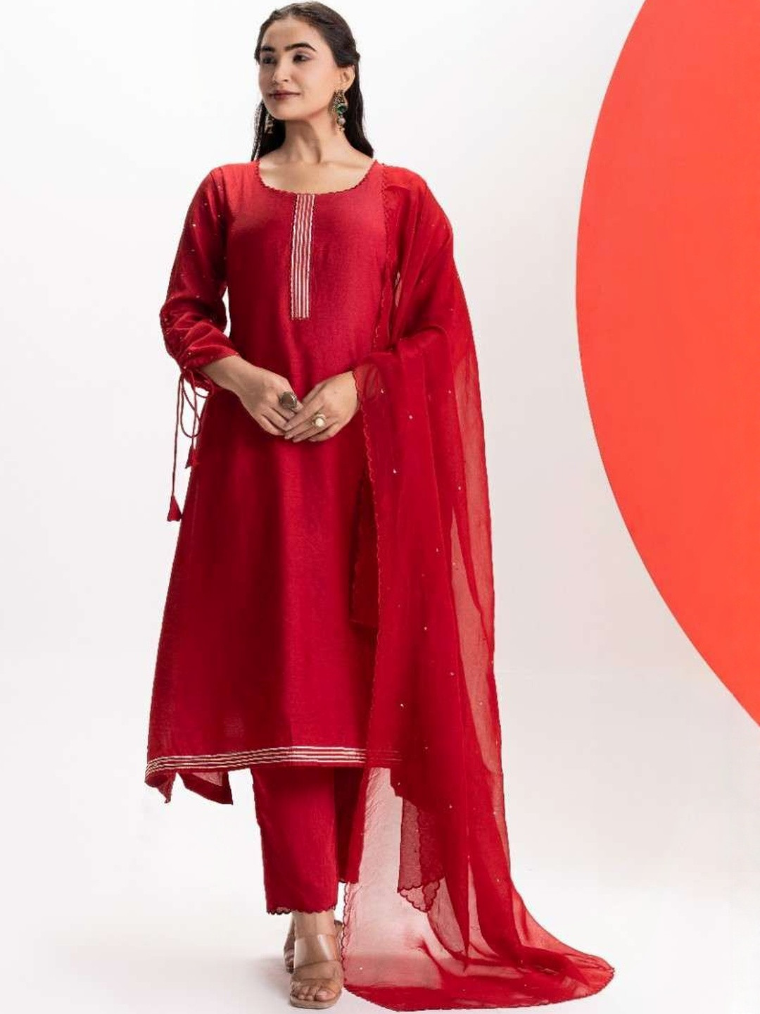 EESHA GUPTA Round Neck Chanderi Silk A-Line Kurta With Trousers & Dupatta