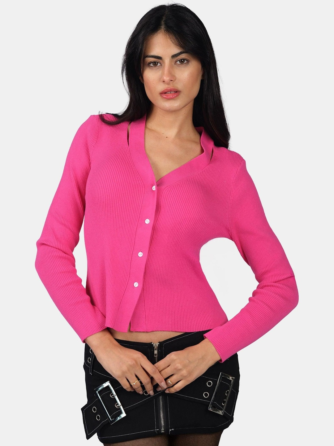 Virgio Women V-Neck Ribbed Knitted Cardigan