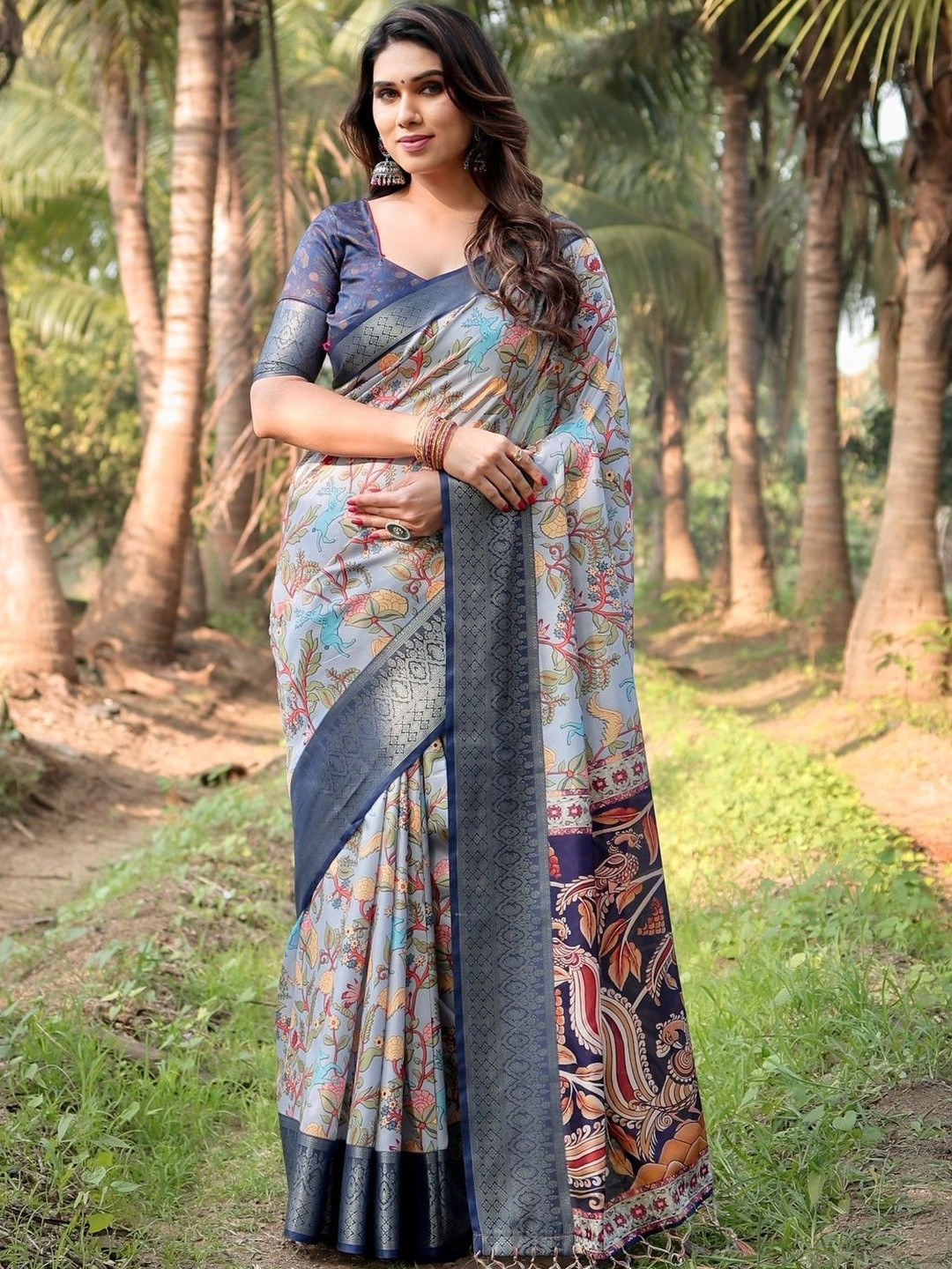 MAHARANI COUTURE Ethnic Motifs Printed Woven Design Zari Tussar Silk Belted Sarees