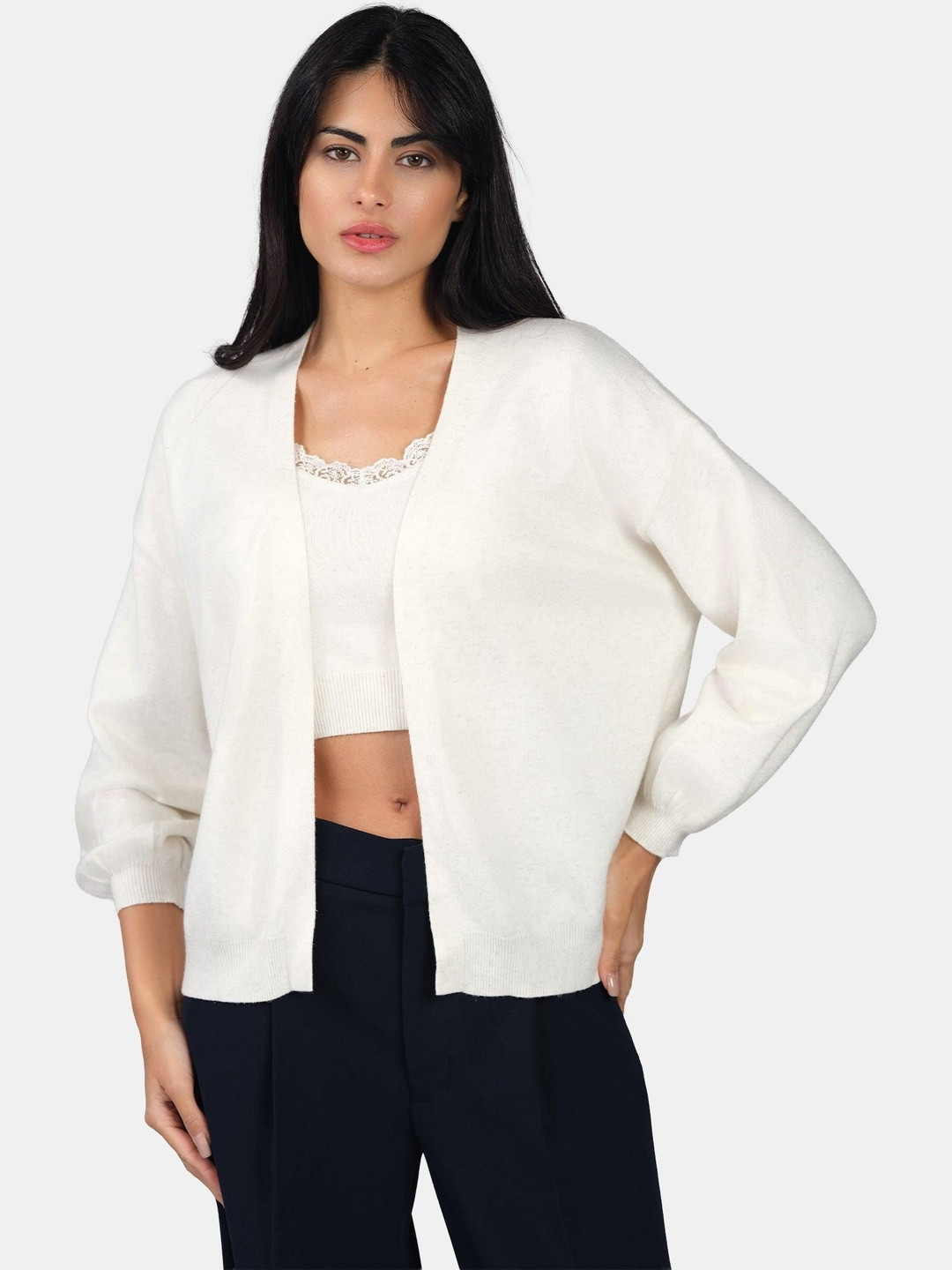 Virgio Lurex Women Bishop Sleeves Knit Cardigan Tops