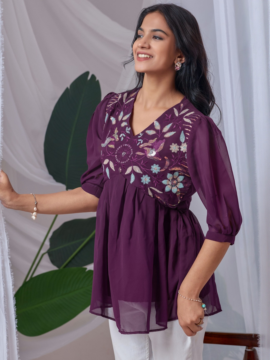 ZELZIS Women Purple Georgette Floral Embroidery Tunic Top