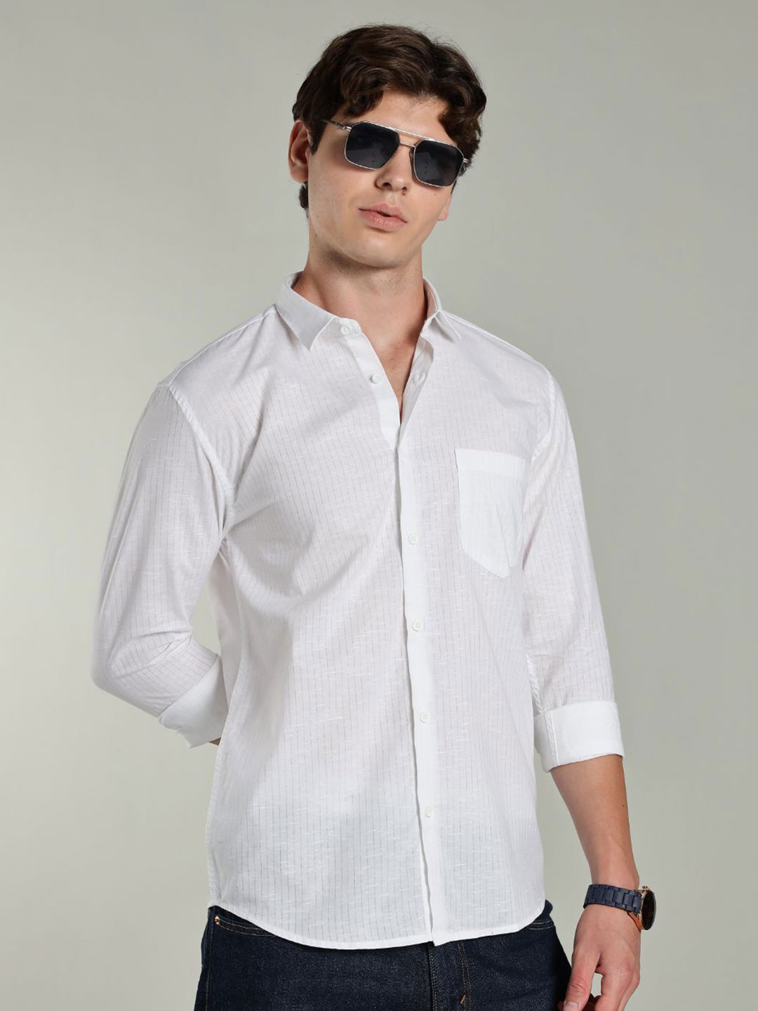 PAUL STREET Men Standard Slim Fit Pinstripes Striped Spread Collar Casual Shirt