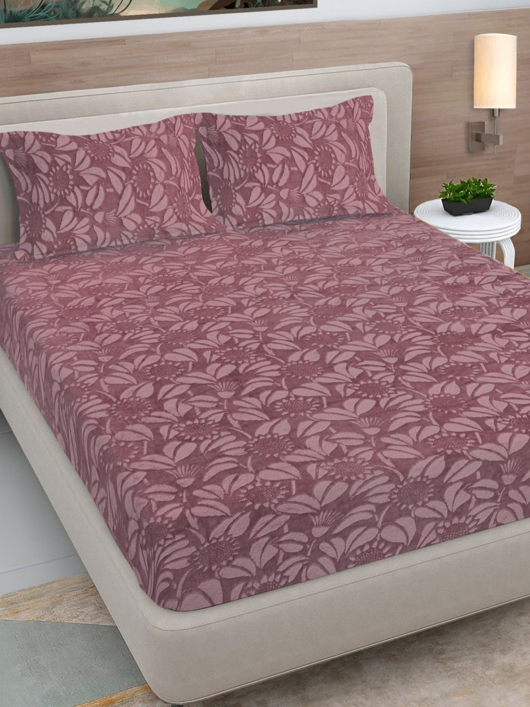 FABINALIV Rust Floral Woolen Embossed 300 TC King Size Bedsheet Set 2.50m x 2.25m